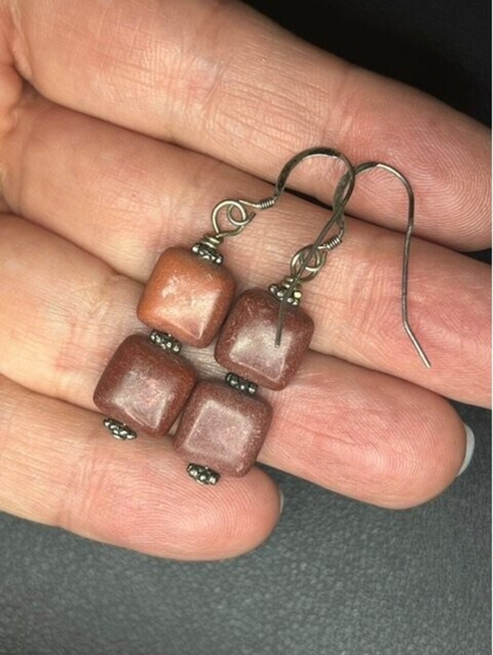 B7304 Sterling Silver Dangle Earrings 1.75" Drop Red Jasper Stone Square Bead